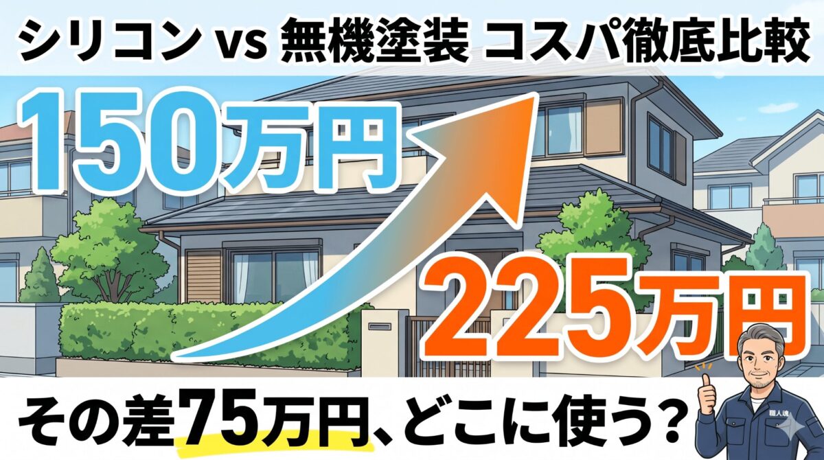 シリコン塗装と無機塗装の費用比較。外壁塗装150万円と無機塗装225万円の差額75万円を解説するアイキャッチ