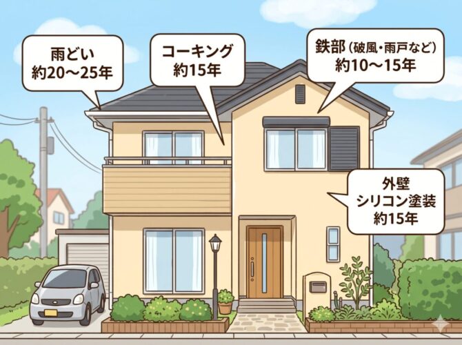 外壁塗装と各部材の耐用年数を示した家のイラスト